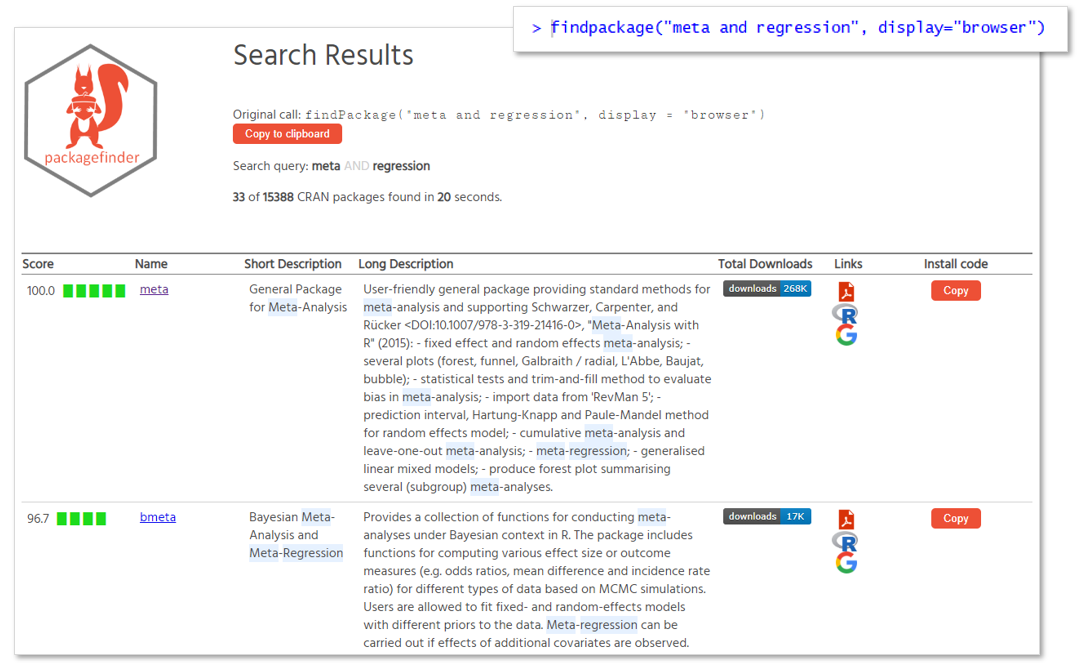 Search results in the web brwoser